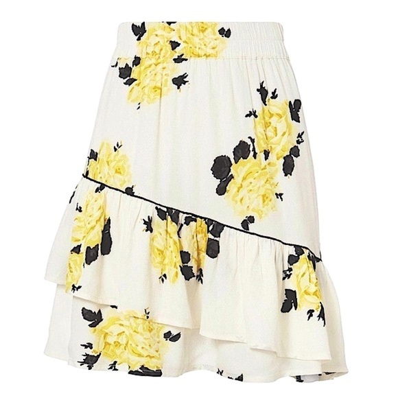 GANNI 90s Rose Floral Print Crepe High Waist Asymmetric Ruffle Tier Mini Skirt S - Picture 7 of 8